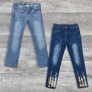 Girls Sequin Bling Skinny Jean Bundle (2) Size 5 Dark & Light Denim Adjustable